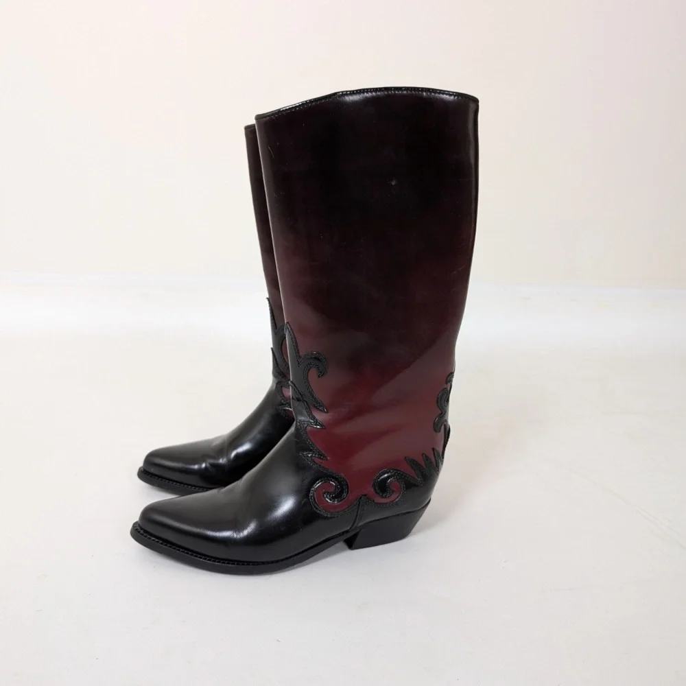 Pleather Ombre Boots Western Faux Leather PVC Round Toe Maroon Burgundy - Picture 10 of 10